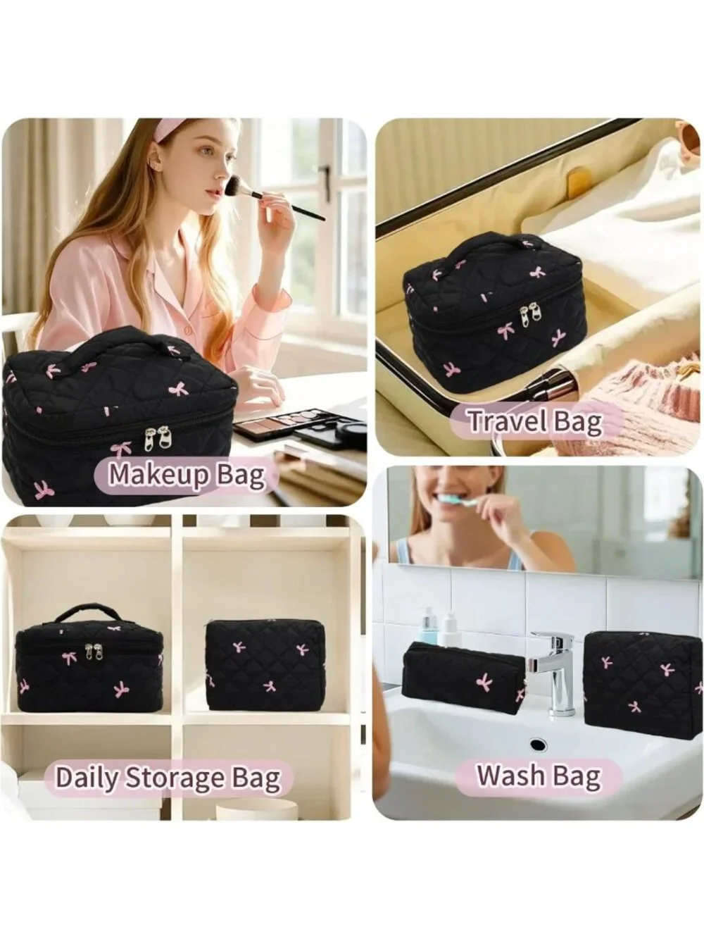 3PC Floral Makeup Bag Set - Large Quilted Cosmetic & Toiletry Bags for Travel